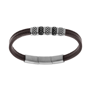 BRACELET ACIER ET CUIR BOVIN MARRON MOTIF FERMOIR AIMANTÉ 20+1.5CM REGLABLE
