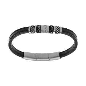 BRACELET ACIER ET CUIR BOVIN NOIR MOTIF FERMOIR AIMANTÉ 20+1.5CM REGLABLE
