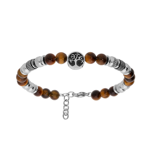 BRACELET ACIER BOULES OEIL DE TIGRE MARRON AVEC ARBRE DE VIE 18+3CM
