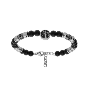 BRACELET ACIER BOULES ONYX MAT AVEC ARBRE DE VIE 18+3CM