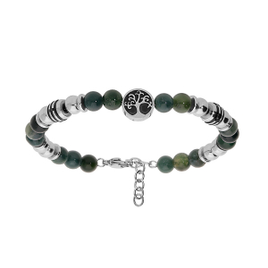 BRACELET ACIER BOULES AGATE VERTE VÉRITABLE AVEC ARBRE DE VIE 18+3CM