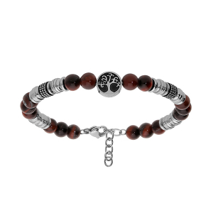 BRACELET ACIER BOULES OEIL DE TIGRE ROUGE VÉRITABLE AVEC ARBRE DE VIE 18+3CM