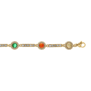 BRACELET ACIER DORÉ ELEMENTS ROND OXYDES MULTICOULEUR CONTOUR OXYDES BLANCS ET BARETTES OXYDES BLANCS 17.5+5CM