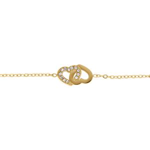 BRACELET ACIER DORÉ DOUBLE COEUR ENTRELACÉ 1 LISSE ET 1 CONTOUR OXYDES BLANCS 16+3CM