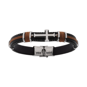 BRACELET ACIER ET CUIR BOVIN NOIR ET CORDON MARRON AVEC CROIX  20.5CM
