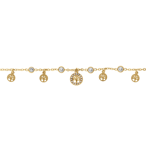 BRACELET ACIER DORÉ PAMPILLES ARBRE DE VIE ET OXYDES BLANCS SERTIS CLOS 16+3CM