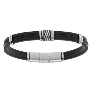 BRACELET ACIER  ET CAOUTCHOUC ET CABLE NOIR 20+1CM DOUBLE FERMOIR