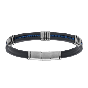 BRACELET ACIER  ET CAOUTCHOUC ET CABLE BLEU 20+1CM DOUBLE FERMOIR
