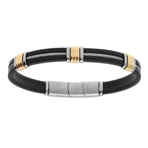 BRACELET ACIER  ET CAOUTCHOUC ET CABLE GRIS ET MOTIF DORÉ  20+1CM DOUBLE FERMOIR