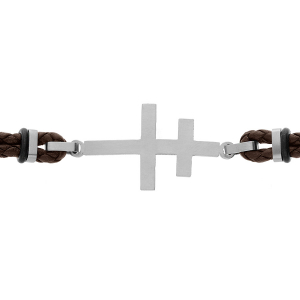 BRACELET ACIER DOUBLE CUIR MARRON FONCE BOVIN CROIX DE LORRAINE 20+3CM