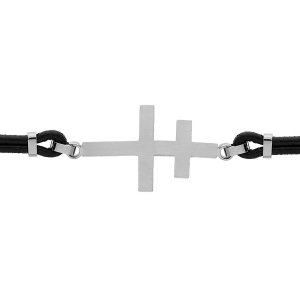 BRACELET ACIER CUIR DOUBLE BOVIN NOIR CROIX DE LORRAINE 18+3CM