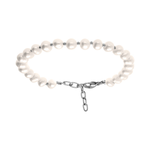 BRACELET ACIER PERLE BLANCHE DE CULTURE D'EAU DOUCE 6-7MM IRRÉGULIERE 19+3CM