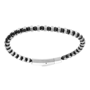 BRACELET ACIER ET PERLE AGATE NOIR VÉRITABLE 4MM  FERMOIR 20CM