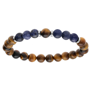 BRACELET ACIER EXTENSIBLE BOULES SODALITE BLEU ET OEIL DE TIGRE MARRON
