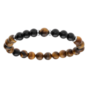 BRACELET ACIER EXTENSIBLE BOULES AGATE NOIR ET OEIL DE TIGRE MARRON
