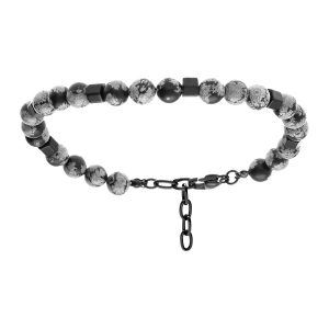 BRACELET ACIER BOULES 6MM OBSIDIENNE NEIGE 19+3CM