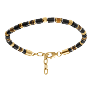 BRACELET ACIER DORÉ BOULES AGATE NOIR ET OEIL DE TIGRE 19+3CM