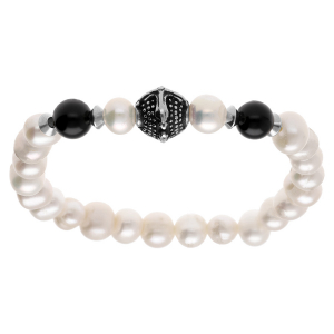 BRACELET ACIER ELASTIQUE PERLE BLANCHE DE CULTURE D'EAU DOUCE 8-9MM IRRÉGULIERE ET 2 BOULES AGATE NOIRE