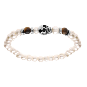 BRACELET ACIER ELASTIQUE PERLE DE CULTURE D'EAU DOUCE BLANCHE 6MM IRRÉGULIERE ET 2 BOULES 6MM OEIL DE TIGRE AVEC TETE DE MORT