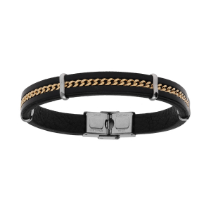 BRACELET ACIER CUIR BOVIN NOIR CHAINETTE DORÉ 20.5CM