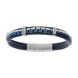 BRACELET ACIER CUIR BOVIN BLEU CHAINE ACIER ET BLEU 19.5CM + 1CM DOUBLE FERMOIR