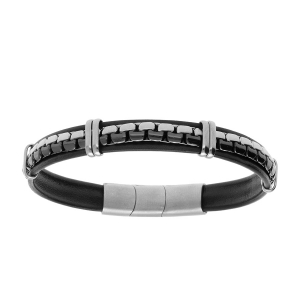 BRACELET ACIER CUIR BOVIN NOIR CHAINE ACIER ET PVD NOIR 19.5CM + 1CM DOUBLE FERMOIR
