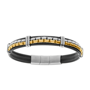 BRACELET ACIER CUIR BOVIN NOIR CHAINE ACIER ET DORÉ JAUNE 19.5CM + 1CM DOUBLE FERMOIR