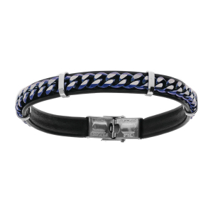 BRACELET ACIER CUIR BOVIN NOIR CHAINE PVD BLEU 20.5CM
