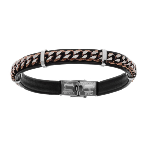 BRACELET ACIER CUIR BOVIN NOIR CHAINE ACIER PVD MARRON  20.5CM