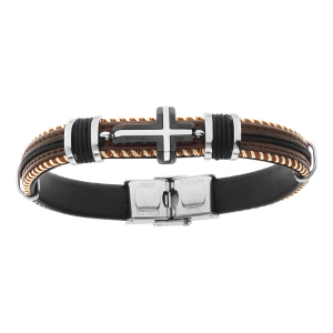 BRACELET ACIER ET CUIR BOVIN MARRON ET CORDON NOIR AVEC CROIX  20.5CM RÉGLABLE