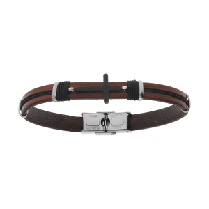 BRACELET ACIER ET CUIR BOVIN MARRON CROIX PVD NOIR ET CORDON NOIR 20.5CM