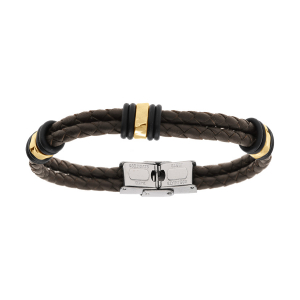 BRACELET ACIER DORÉ ET CUIR BOVIN 2 RANGS TRESSE MARRON 21CM RÉGLABLE
