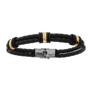 BRACELET ACIER DORÉ ET CUIR BOVIN 2 RANGS TRESSE NOIR 21CM  RÉGLABLE