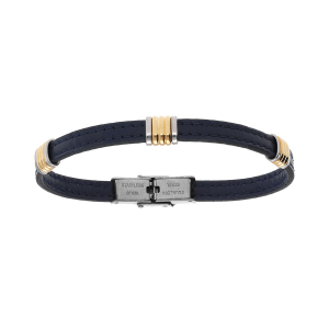 BRACELET ACIER DORÉ ET CUIR BOVIN BLEU FONCÉ 21CM RÉGLABLE