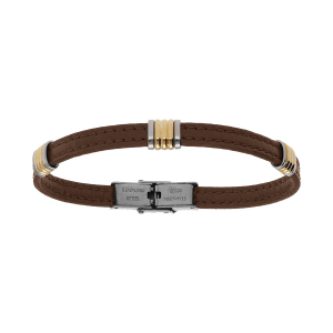 BRACELET ACIER DORÉ ET CUIR BOVIN MARRON  21CM RÉGLABLE
