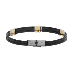 BRACELET ACIER DORÉ ET CUIR BOVIN NOIR  21CM RÉGLABLE