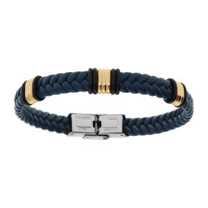 BRACELET ACIER DORÉ ET CUIR BOVIN TRESSE BLEU  21CM REGLABLE