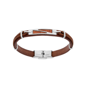 BRACELET ACIER ET CUIR BOVIN  MARRON  AVEC ASPECT BOIS 20CM RÉGLABLE