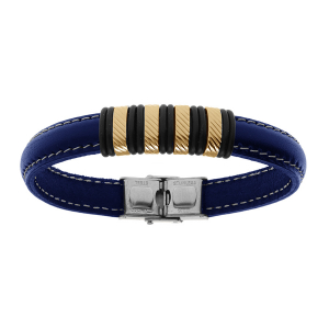BRACELET ACIER DORÉ ET CUIR BOVIN BLEU 21.5CM REGLABLE