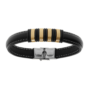 BRACELET ACIER DORÉ ET CUIR BOVIN NOIR 21.5CM REGLABLE