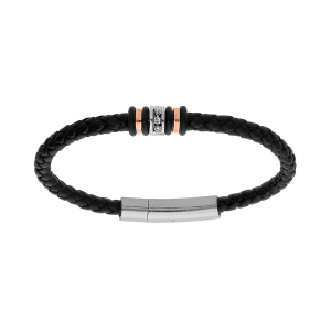 BRACELET ACIER ET CUIR BOVIN TRESSE NOIR AVEC OXYDES BLANCS SERTIS 20CM