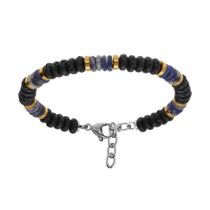 BRACELET ACIER BOULES PIERRE DE LAVE ET RONDELLES SODALITE ET DORÉ 19+3CM