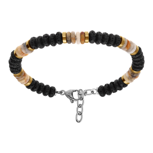 BRACELET ACIER BOULES PIERRE DE LAVE ET RONDELLES AGATE ET DORÉ 19+3CM