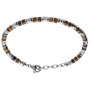 BRACELET ACIER RONDELLES OEIL DE TIGRE MARRON VÉRITABLE 19+3CM