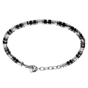 BRACELET ACIER RONDELLES AGATE NOIR VÉRITABLE 19+3CM