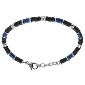 BRACELET ACIER RONDELLES PIERRE DE LAVE ET PVD BLEU  19+3CM