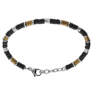 BRACELET ACIER RONDELLES PIERRE DE LAVE ET PVD MARRON   19+3CM