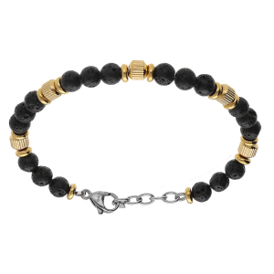 BRACELET ACIER BOULES PIERRE DE LAVE ET DORÉ JAUNE 19+3CM