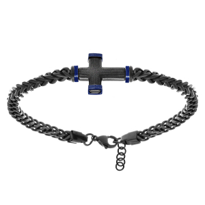 BRACELET ACIER PVD NOIR MAILLE GOURMETTE AVEC CROIX PVD NOIR ET BLEU 19.5+3CM