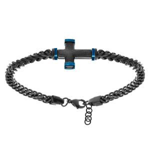BRACELET ACIER PVD NOIR MAILLE GOURMETTE AVEC CROIX PVD NOIR ET BLEU 19.5+3CM